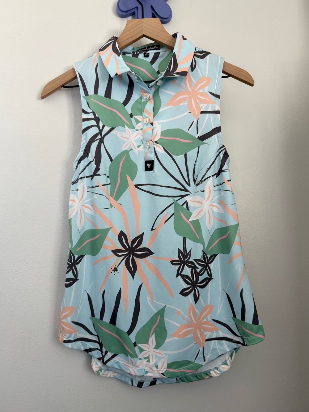 Bad Birdie women Small Sleeveless Polo Palm Tropical Print Baby Blue Golf Active